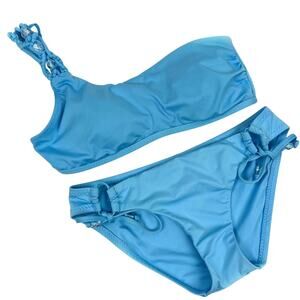 BECCA by Rebecca Virtue Blue One Shoulder Braided 2-Piece Bikini Set L/S Y2K